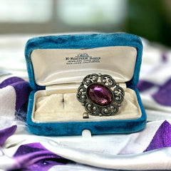 Vintage Czech Amethyst Glass Cabochon Antiqued Silver Tone Brooch