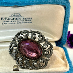 Vintage Czech Amethyst Glass Cabochon Antiqued Silver Tone Brooch