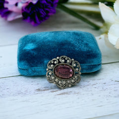 Vintage Czech Amethyst Glass Cabochon Antiqued Silver Tone Brooch