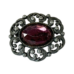 Vintage Czech Amethyst Glass Cabochon Antiqued Silver Tone Brooch
