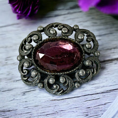 Vintage Czech Amethyst Glass Cabochon Antiqued Silver Tone Brooch