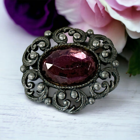 Vintage Czech Amethyst Glass Cabochon Antiqued Silver Tone Brooch
