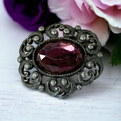 Vintage Czech Amethyst Glass Cabochon Antiqued Silver Tone Brooch