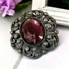 Vintage Czech Amethyst Glass Cabochon Antiqued Silver Tone Brooch