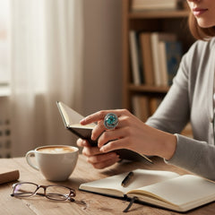 Adjustable silver-tone cocktail ring with a large round aqua rhinestone cabochon and open swirl design set with smaller teal rhinestones; vintage-inspired statement jewelry in very good condition.