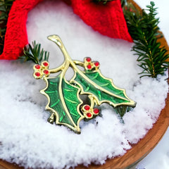 Vintage Beatrix Green Enamel & Red Rhinestones Holly Christmas Brooch