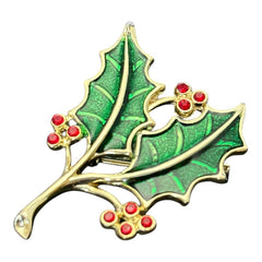Vintage Beatrix Green Enamel & Red Rhinestones Holly Christmas Brooch