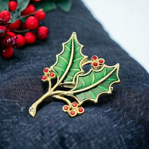 Vintage Beatrix Green Enamel & Red Rhinestones Holly Christmas Brooch