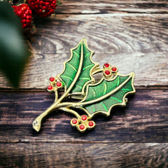 Vintage Beatrix Green Enamel & Red Rhinestones Holly Christmas Brooch
