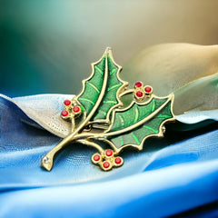 Vintage Beatrix Green Enamel & Red Rhinestones Holly Christmas Brooch