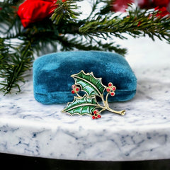 Vintage Beatrix Green Enamel & Red Rhinestones Holly Christmas Brooch