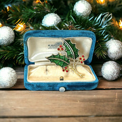 Vintage Beatrix Green Enamel & Red Rhinestones Holly Christmas Brooch
