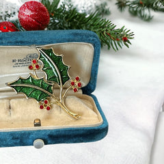 Vintage Beatrix Green Enamel & Red Rhinestones Holly Christmas Brooch