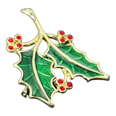 Vintage Beatrix Green Enamel & Red Rhinestones Holly Christmas Brooch