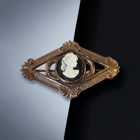 Victorian Stamped Brass & Vintage Resin Cameo Ornate Brooch