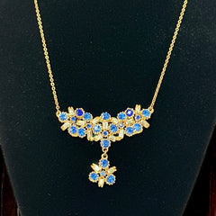 Vintage Sparkling Blue & Clear Rhinestone Lavaliere Pendant Necklace