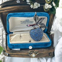 Vintage Blue Rhinestones & Gunmetal Apple Brooch, 1990s-2000s