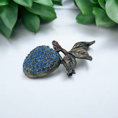 Vintage Blue Rhinestones & Gunmetal Apple Brooch, 1990s-2000s