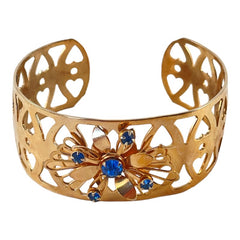 Vintage Blue Rhinestones Heart Open Work Cuff Bracelet