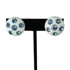 Vintage Blue Rhinestones & White Plastic Round Clip-on Earrings