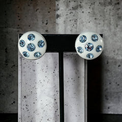 Vintage Blue Rhinestones & White Plastic Round Clip-on Earrings