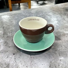 French Cafés Richard Classic Double Espresso Coffee Cup & Saucer Set -Brown Light Green