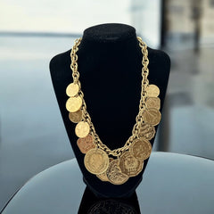 Vintage Franklin Mint Caribbean Coins necklace from the 1980s, featuring 14 uncirculated 24k gold-plated coins from Caribbean Islands on a textured chain.