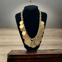 Vintage Franklin Mint Caribbean Coins necklace from the 1980s, featuring 14 uncirculated 24k gold-plated coins from Caribbean Islands on a textured chain.