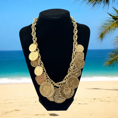 Vintage Franklin Mint Caribbean Coins necklace from the 1980s, featuring 14 uncirculated 24k gold-plated coins from Caribbean Islands on a textured chain.