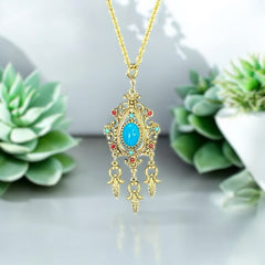 Vintage Celebrity NY Faux Turquoise Cabochon Pendant Chain Necklace | Faux Turquoise & Siam Rhinestones Gold Tone Pendant with Dangles