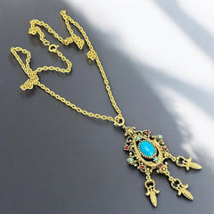 Vintage Celebrity NY Faux Turquoise Cabochon Pendant Chain Necklace | Faux Turquoise & Siam Rhinestones Gold Tone Pendant with Dangles