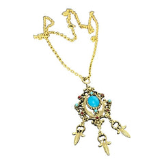 Vintage Celebrity NY Faux Turquoise Cabochon Pendant Chain Necklace | Faux Turquoise & Siam Rhinestones Gold Tone Pendant with Dangles