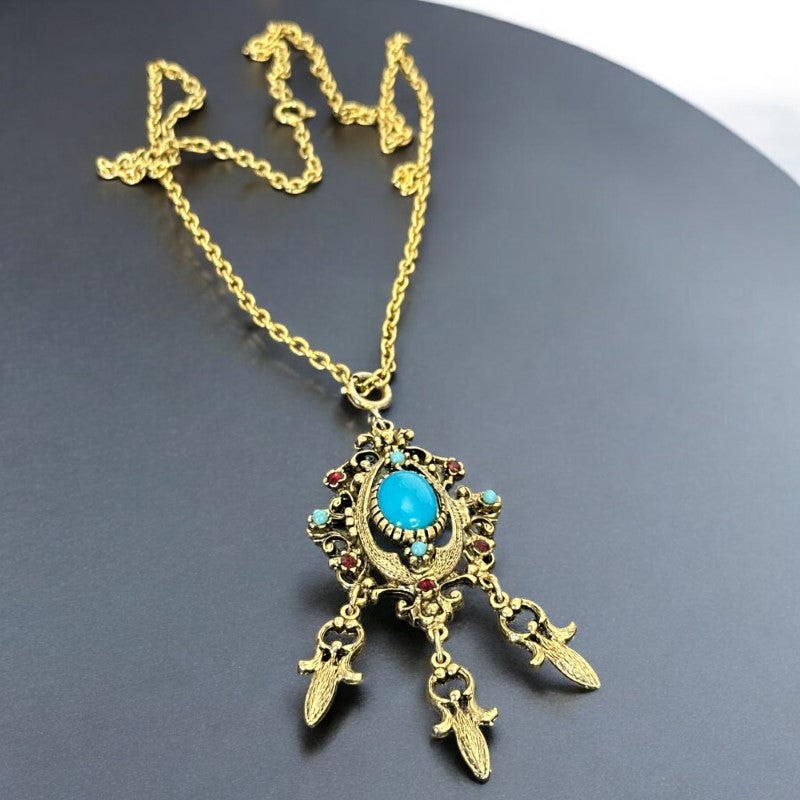 Vintage Celebrity NY Faux Turquoise Cabochon Pendant Chain Necklace | Faux Turquoise & Siam Rhinestones Gold Tone Pendant with Dangles