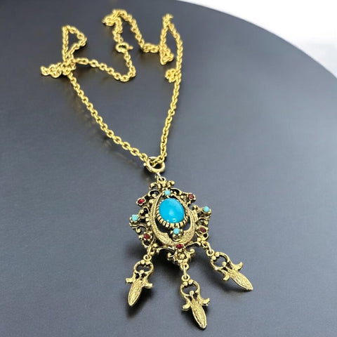 Vintage Celebrity NY Faux Turquoise Cabochon Pendant Chain Necklace | Faux Turquoise & Siam Rhinestones Gold Tone Pendant with Dangles