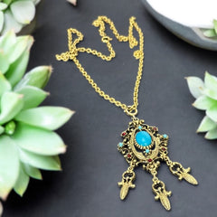 Vintage Celebrity NY Faux Turquoise Cabochon Pendant Chain Necklace | Faux Turquoise & Siam Rhinestones Gold Tone Pendant with Dangles