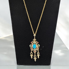 Vintage Celebrity NY Faux Turquoise Cabochon Pendant Chain Necklace | Faux Turquoise & Siam Rhinestones Gold Tone Pendant with Dangles