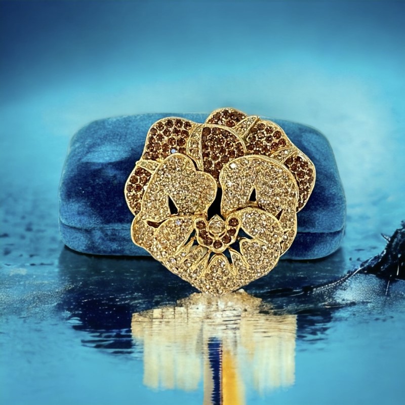 Vintage Ciner Pave Rhinestones & Gold Tone Pansy Flower Brooch | Sparkly Glamorous Statement Floral Brooch | Jewelry Collector Unique Gift