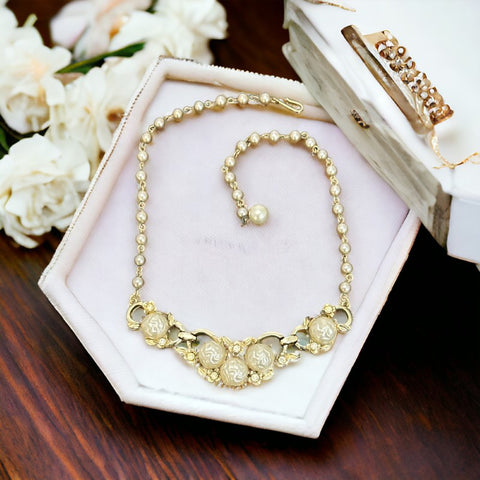 Vintage Coro Pegasus Cream Pearlized Lava Beads & Faux Pearls Floral Necklace | 1950s Fashion Gold Tone Jewelry | Collectible Accessories