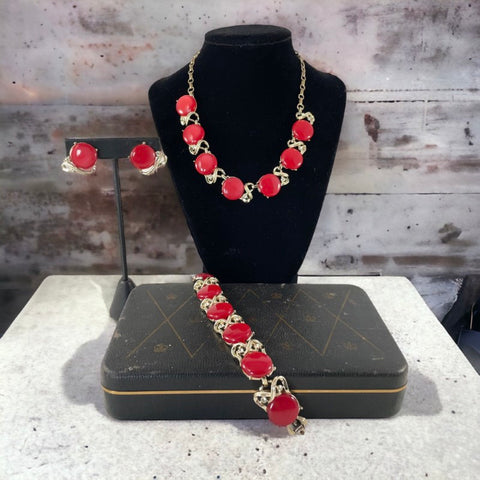 Vintage Coro Red Moonglow Thermoset Gold Tone Jewelry Set - Necklace, Bracelet & Earrings
