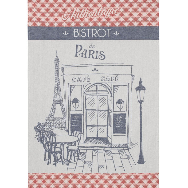 Elegant French tea towel featuring a Paris Bistro Authentique design with the Eiffel Tower, deep red and blue accents on a soft light blue background. Made from traditional French jacquard weave, 100% cotton, perfect for drying hands or dishes. Imported from France