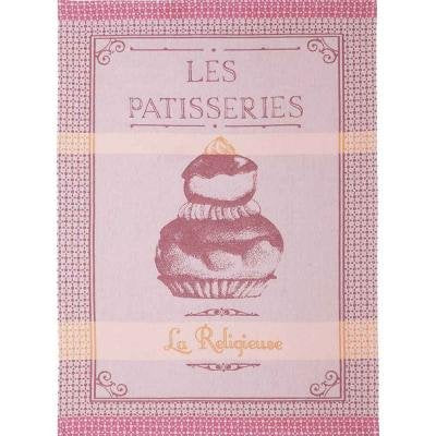 Elegant French tea towel featuring a Religieuse (cream puff pastry) dessert design in soft pink and orange hues. Made from 100% cotton with a traditional jacquard weave, offering high absorbency and a gentle touch. Imported from France
