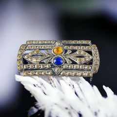 Vintage Art Deco Czech Glass Rhinestones Silver Tone Rectangular Brooch