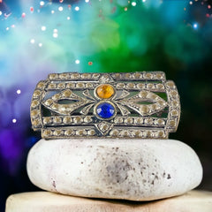Vintage Art Deco Czech Glass Rhinestones Silver Tone Rectangular Brooch