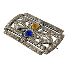 Vintage Art Deco Czech Glass Rhinestones Silver Tone Rectangular Brooch