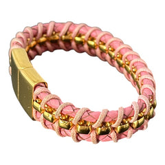 Elegant Daniel Steiger Melrose bracelet featuring braided pink leather on each side of yellow gold-plated center links, finished with a gold-plated magnetic slide clasp, photographed against a neutral backdrop.