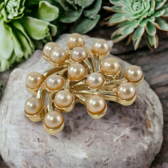 Vintage Emmons Faux Pearls Gold Tone Pinwheel Cluster Brooch