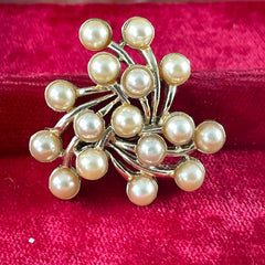 Vintage Emmons Faux Pearls Gold Tone Pinwheel Cluster Brooch