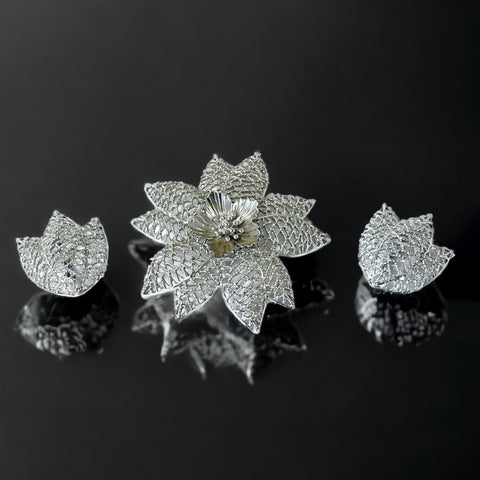 Vintage Emmons Silver Tone Open Work Statement Floral Brooch & Clip-on Earrings Jewelry Set