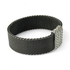 Signed Erica Zap bracelet in black nickel mesh with rhodium-plated magnetic clasp, 7-inch size, ¾-inch width, contemporary sculptural design, excellent condition.