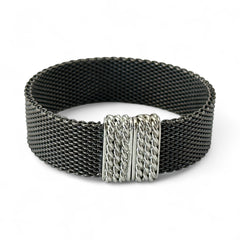 Signed Erica Zap bracelet in black nickel mesh with rhodium-plated magnetic clasp, 7-inch size, ¾-inch width, contemporary sculptural design, excellent condition.